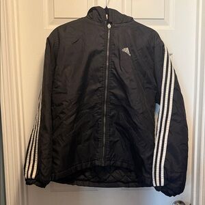 Adidas Black Windbreaker with White Sleeve Stripes